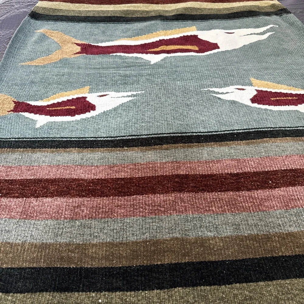 Hand Woven Colorful Fish Blanket Rug Tapestry Native ‎ Cabin Lodge Camp 80x48